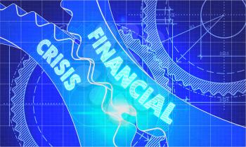 Financial Crisis on the Mechanism of Cogwheels. Technical Blueprint illustration with Glow Effect. 3D Render.