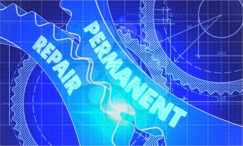 Permanent Repair on the Mechanism of Cogwheels. Technical Blueprint illustration with Glow Effect. 3D Render.