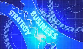 Business Strategy on the Mechanism of Gears. Blueprint Style. Technical Design. 3d illustration, Lens Flare.