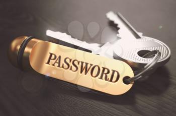 Keys with Word Password on Golden Label over Black Wooden Background. Closeup View, Selective Focus, 3D Render. Toned Image.