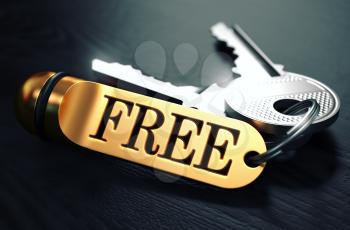 Keys with Word Free on Golden Label over Black Wooden Background. Closeup View, Selective Focus, 3D Render. Toned Image.