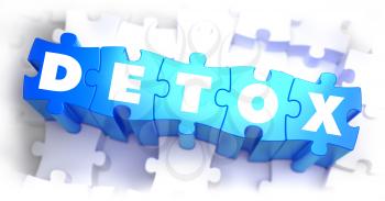 Detox -White Word on Blue Puzzles on White Background. 3D Illustration.