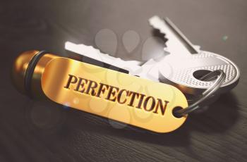 Perfection Concept. Keys with Golden Keyring on Black Wooden Table. Closeup View, Selective Focus, 3D Render. Toned Image.