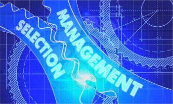 Management Selection on the Mechanism of Gears. Blueprint Style. Technical Design. 3d illustration, Lens Flare.