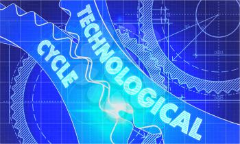 Technological Cycle on the Mechanism of Cogwheels. Technical Blueprint illustration with Glow Effect. 3D Render.