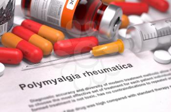 Polymyalgia Rheumatica - Printed Diagnosis with Red Pills, Injections and Syringe. Medical Concept with Selective Focus.