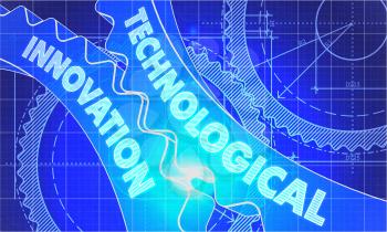 Technological Innovation on the Mechanism of Cogwheels. Technical Blueprint illustration with Glow Effect. 3D Render.