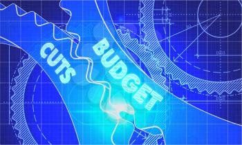 Budget Cuts on the Mechanism of Cogwheels. Blueprint Style. Technical Design. 3d illustration with Lens Flare.