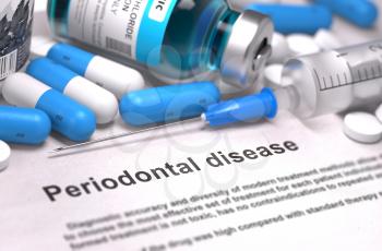 Periodontal Disease - Printed Diagnosis with Blue Pills, Injections and Syringe. Medical Concept with Selective Focus.