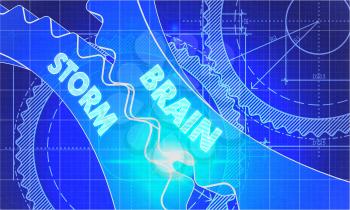 Brain Storm on the Mechanism of Gears. Blueprint Style. Technical Design. 3d illustration, Lens Flare.