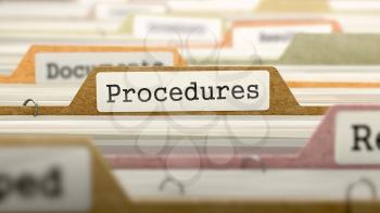 Procedures Concept on Folder Register in Multicolor Card Index. Closeup View. Selective Focus.