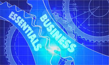 Business Essentials on the Mechanism of Cogwheels. Blueprint Style. Technical Design. 3d illustration with Lens Flare.