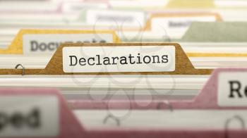 Declarations Concept on Folder Register in Multicolor Card Index. Closeup View. Selective Focus.