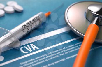 CVA - Printed Diagnosis on Blue Background and Medical Composition - Stethoscope, Pills and Syringe. Medical Concept. Blurred Image.