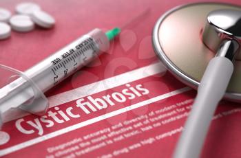 Cystic fibrosis - Printed Diagnosis with Blurred Text on Red Background and Medical Composition - Stethoscope, Pills and Syringe. Medical Concept.