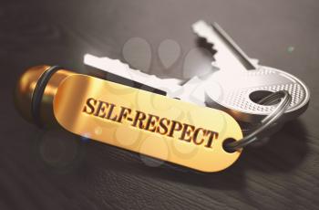 Keys and Golden Keyring with the Word Self-Respect over Black Wooden Table with Blur Effect. Toned Image.