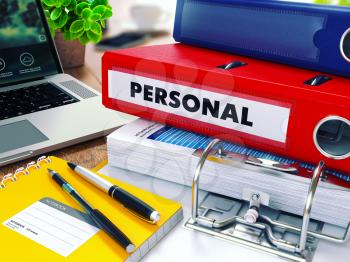 Personal - Red Ring Binder on Office Desktop with Office Supplies and Modern Laptop. Business Concept on Blurred Background. Toned Illustration.