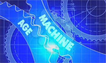 Machine Age on the Mechanism of Cogwheels. Technical Blueprint illustration with Glow Effect. 3D Render.