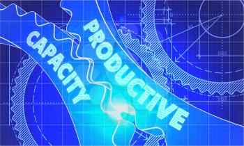 Productive Capacity on Blueprint of Cogs. Technical Drawing Style. 3d illustration with Glow Effect.