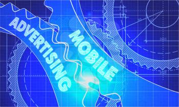 Mobile Advertising on the Mechanism of Cogwheels. Blueprint Style. Technical Design. 3d illustration with Lens Flare.