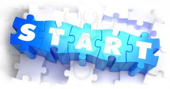 Start - Text on Blue Puzzles on White Background. 3D Render. 