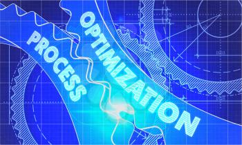 Optimization Process on Blueprint of Cogs. Technical Drawing Style. 3d illustration with Glow Effect.