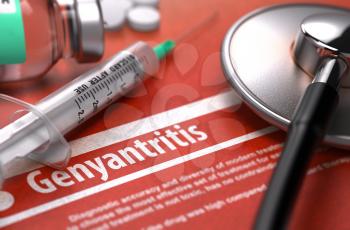 Genyantritis - Printed Diagnosis on Orange Background and Medical Composition - Stethoscope, Pills and Syringe. Medical Concept. Blurred Image.