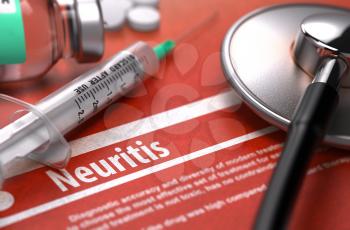 Neuritis - Printed Diagnosis with Blurred Text on Orange Background and Medical Composition - Stethoscope, Pills and Syringe. Medical Concept.