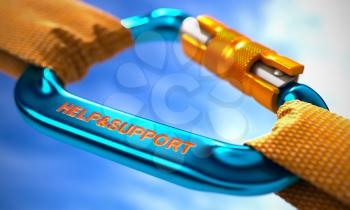 Blue Carabiner between Orange Ropes on Sky Background, Symbolizing the Help and Support. Selective Focus. 3d Illustration.