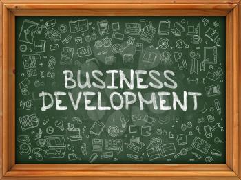 Business Development - Hand Drawn on Chalkboard. Business Development with Doodle Icons Around.