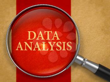 Data Analysis through Loupe on Old Paper with Crimson Vertical Line Background. 3d Render.