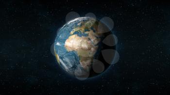 Realistic Earth centered on the African and European continent, with stars in the background