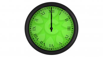Wall clock with Roman numerals showing a 60 minutes green time interval, isolated on a white background. Realistic 3D computer generated image.