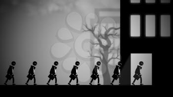 Depressed white-collar workers marching to their daily office jobs. Conceptual illustration with a dark, dystopian feel, like George Orwell's 1984 or Metropolis.