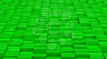 Grid of green cubes in a randomized pattern. Wide shot. 3D computer generated background image.