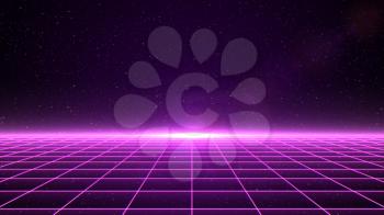 Horizontal matrix grid in space with stars in the background. Magenta version.