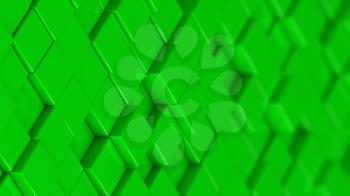 Grid of green cubes in a randomized pattern. Medium shot. 3D computer generated background image.