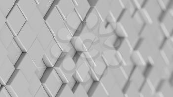 Grid of white cubes in a randomized pattern. Medium shot. 3D computer generated background image.