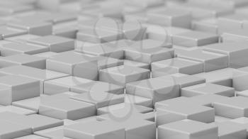 Grid of white cubes in a randomized pattern. Medium shot. 3D computer generated background image.