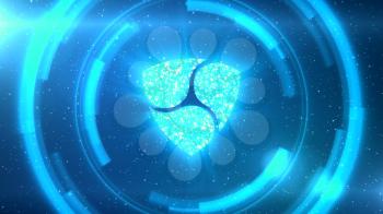 Blue NEM symbol centered on a starscape background with HUD elements.