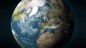 3D illustration depicting the location of London, United Kingdom on a globe seen from space.