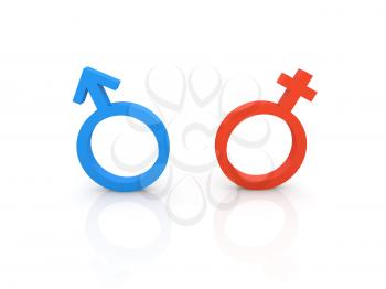 Female and male symbols on a white background. 3d render illustration.