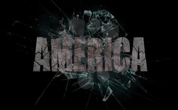 Concept of violence or crash, broken glass with the word America