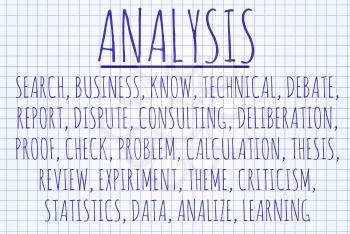 Analysis word cloud written on a piece of paper