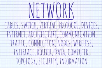 Network word cloud written on a piece of paper