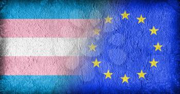 Trans Pride and the EU, flags painted on cracked concrete