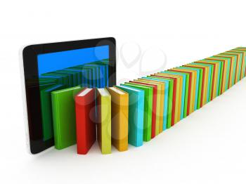 tablet pc and colorful real books on white background