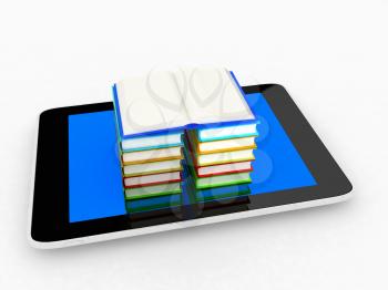 tablet pc and colorful real books on white background