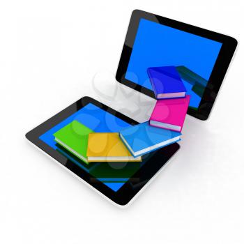 tablet pc and colorful real books on white background