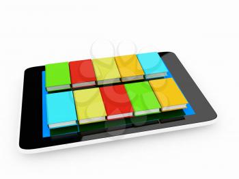 tablet pc and colorful real books on white background